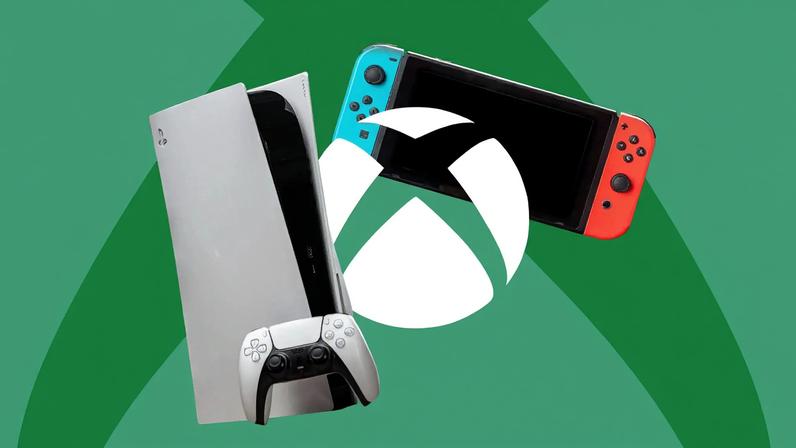 Illustration of a PS5 and a Nintendo Switch next to the Xbox logo.