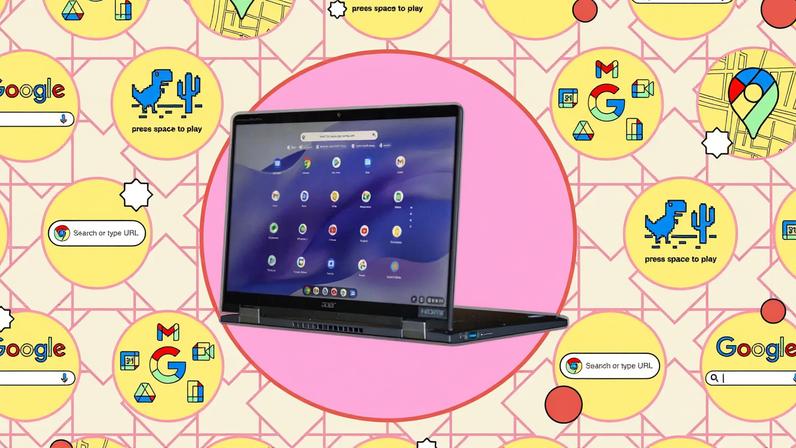 Chromebook in a pink circle against a yellow background with small icons.