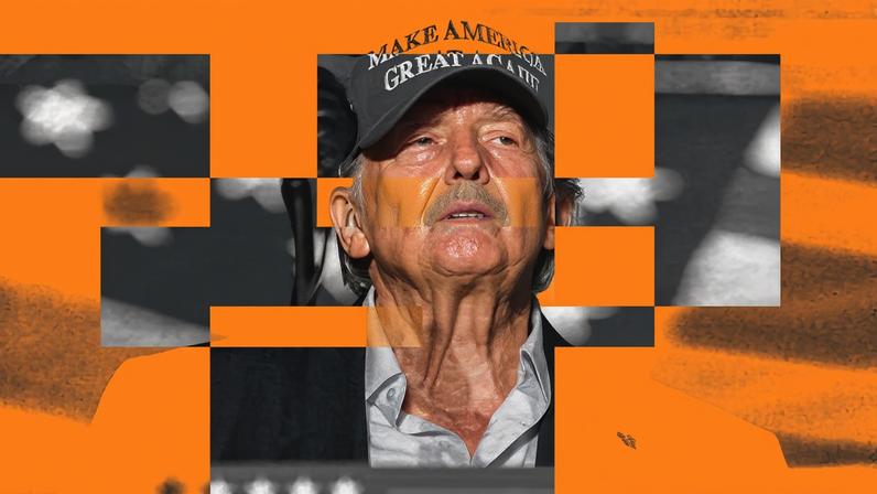 Photo collage of an image of Donald Trump behind a graphic, glitchy design.