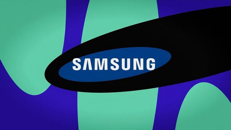 Illustration of Samsung’s logo on a black, blue, and aqua background.