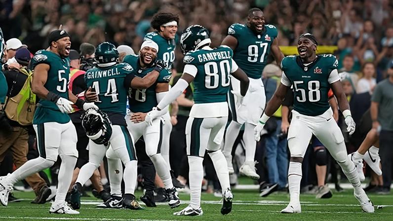 The Philadelphia Eagles celebrate after defeating the Kansas City Chiefs to win the Super Bowl.
