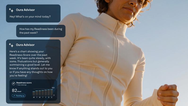 Render of Oura Ring advisor talking about a user’s readiness score with a background of a woman in whit walking.