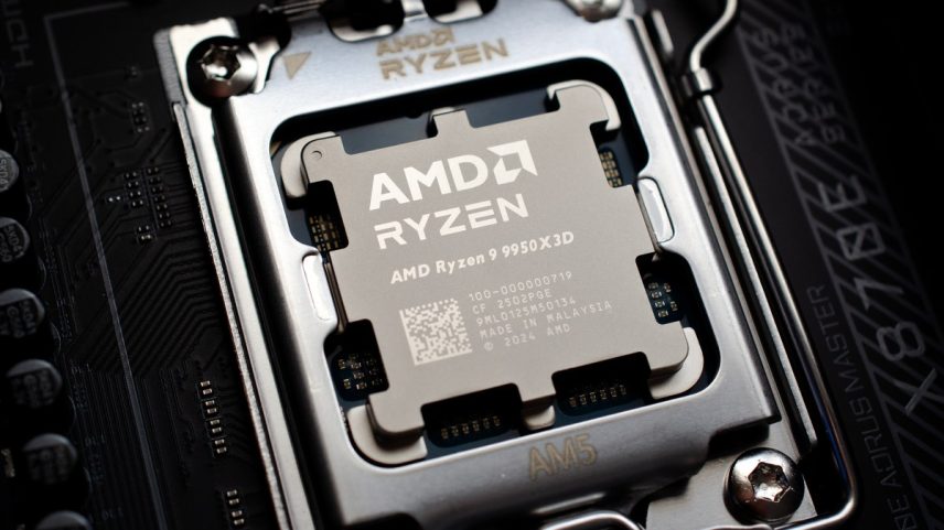 AMD’s Ryzen 9 9950X3D chip inserted into a CPU socket