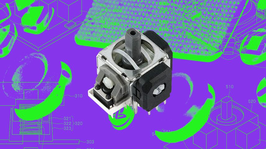 A joystick on a graphic purple and green background.