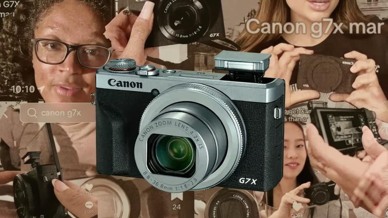 Graphic showing a Canon G7 X camera on a collage of TikTok video stills.