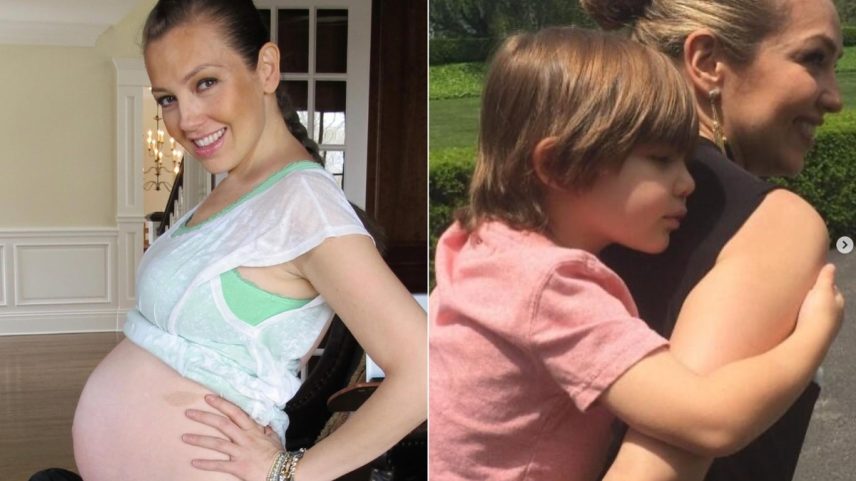 Thalía grávida na primeira foto e, na segunda, com o filho nas costas (Foto: Reprodução/Instagram)