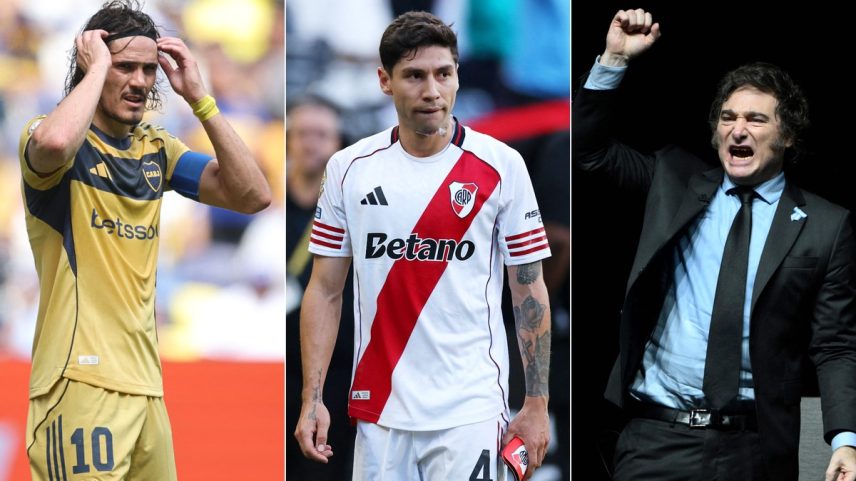 Cavani, do Boca Juniors; Montiel, do River Plate; e o presidente da Argentina, Javier Milei (Foto: AFP)