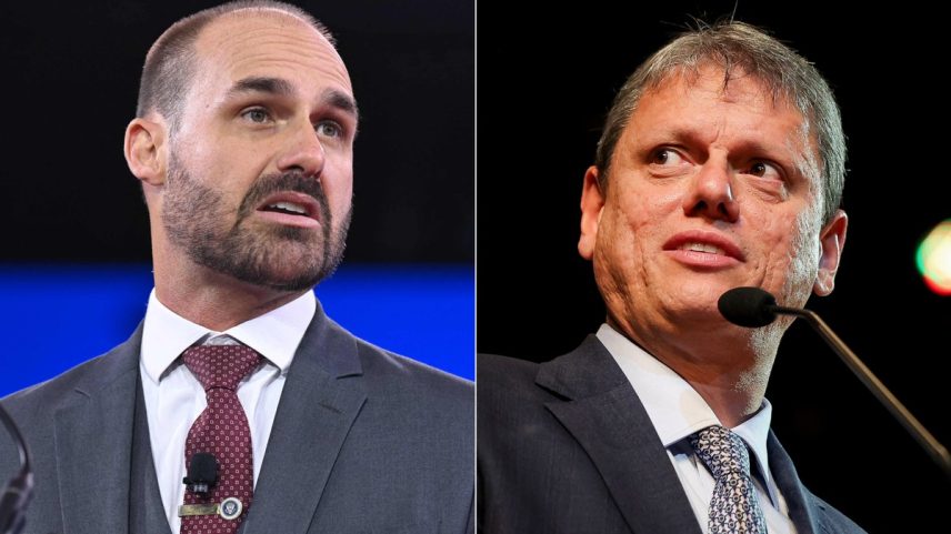 Deputado federal licenciado Eduardo Bolsonaro (PL-SP) e o governador de São Paulo, Tarcísio de Freitas (Republicanos) (Foto: Fotos de Saul Loeb/AFP e Pablo Jacob/Governo de São Paulo)