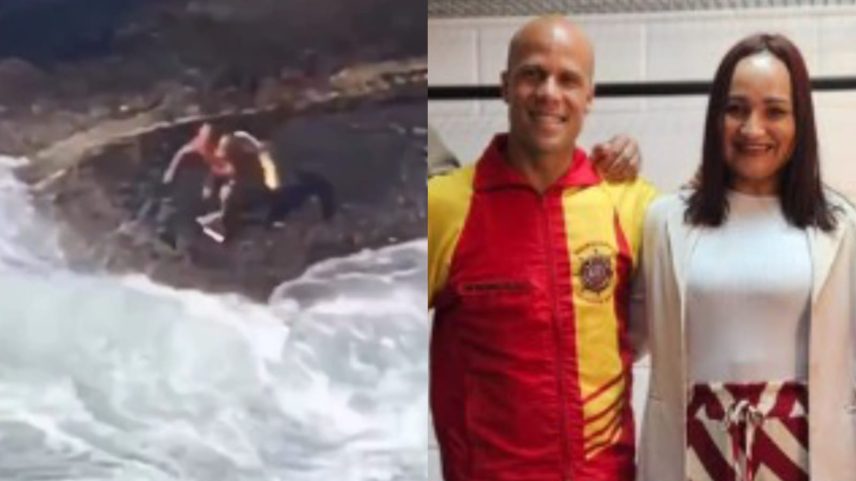 Os bombeiros Henrique e Bruno com Mariana. (Foto: Reprodução/g1/Instagram/Corpo de Bombeiros Militar/RJ)