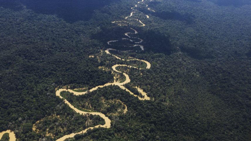 Rio Mucajaí, cujas águas barrentas indicam a presença de garimpo, na região de Surucucu, dentro da Terra Indígena Yanomami (Foto: Lalo de Almeida - 26.fev.23/Folhapress)