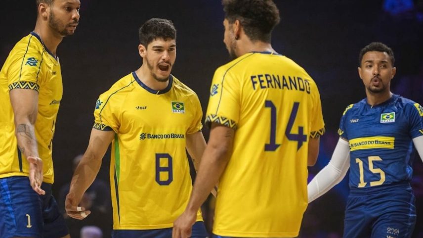 Brasil celebra ponto contra o Canadá pela Liga das Nações masculina (Foto: Volleyball World)