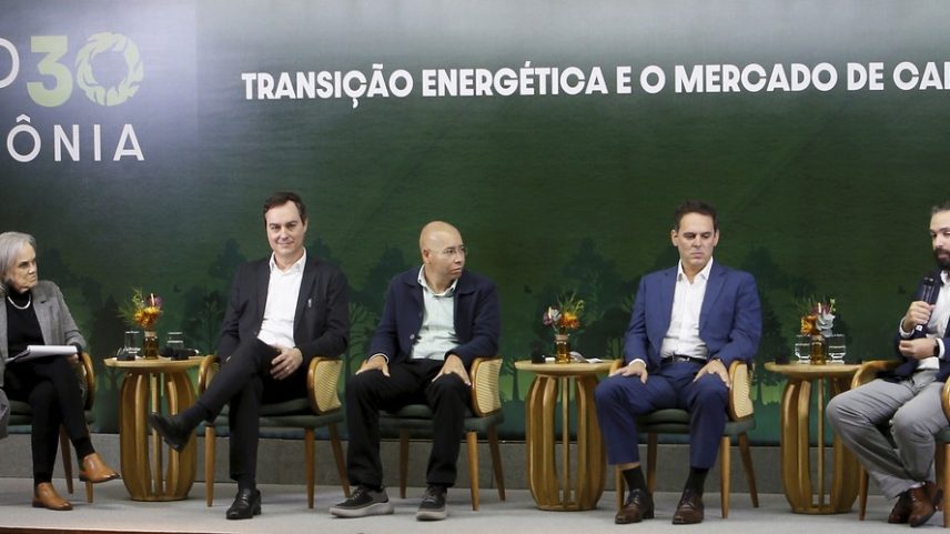 Negócios verdes. A repórter Daniela Chiaretti, David Canassa (Votorantin), Aspen Andersen (Vibra), Rafael Bittar (Vale) e Gustavo Pinto (PUC/Rio) — Foto: Marcelo Theobald/Agência O Globo