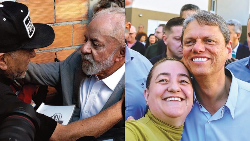 Lula cumprimenta morador da Favela do Moinho, no centro da capital; Tarcísio posa para selfie com eleitora em São Bernardo do Campo: entrega de casas populares (Foto: Maria Isabel Oliveira/Agência O Globo e Pablo Jacob/Governo do Estado de SP)