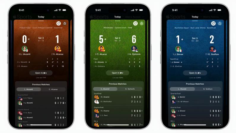 Screenshots of Apple Sports showing tennis scores.
