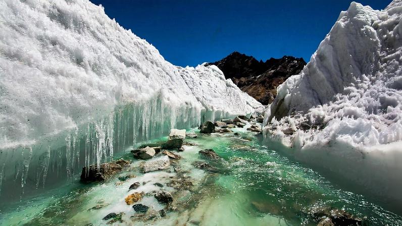 Banner image of glacial melting in the Himalayas by Sharada Prasad via Wikimedia Common (CC BY 2.0).