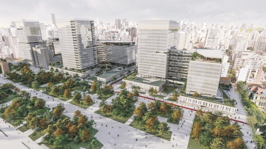 Projeto para o novo Centro Administrativo de São Paulo prevê interior das quadras com áreas verdes, numa espécie de ampliação da Praça Princesa Isabel. (Foto: Instituto dos Arquitetos do Brasil/Reprodução)
