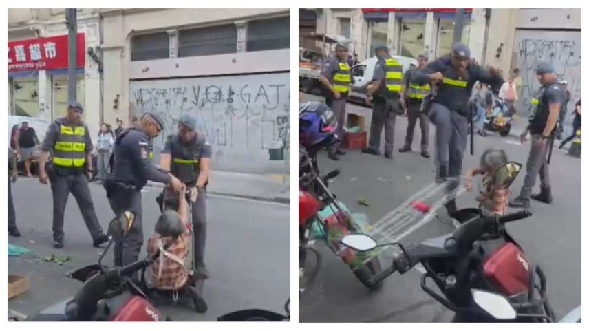 Mesmo após a reação da idosa chinesa, o PM pega o carrinho e se afasta com os outros policiais. (Foto: Reprodução/TV Globo)
