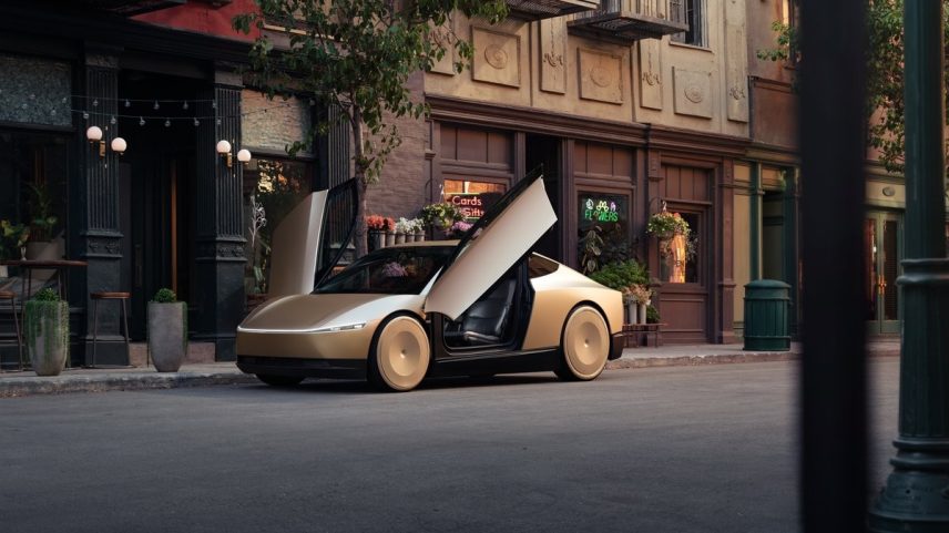 Tesla Robotaxi tem 'portas tesoura', que se abrem para cima (Foto: Reprodução / Tesla)
