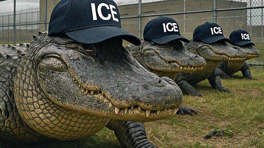Jacarés com bonés do ICE, o serviço de imigração dos EUA (Foto: @dhsgov no Instagram)