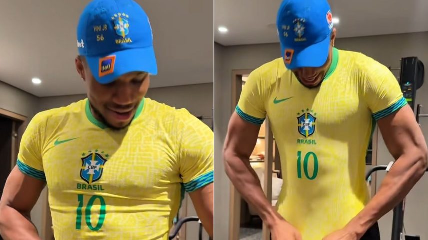 Camisa da seleção brasileira fica apertada em Giannis Antetokounmpo (Foto: Reprodução)