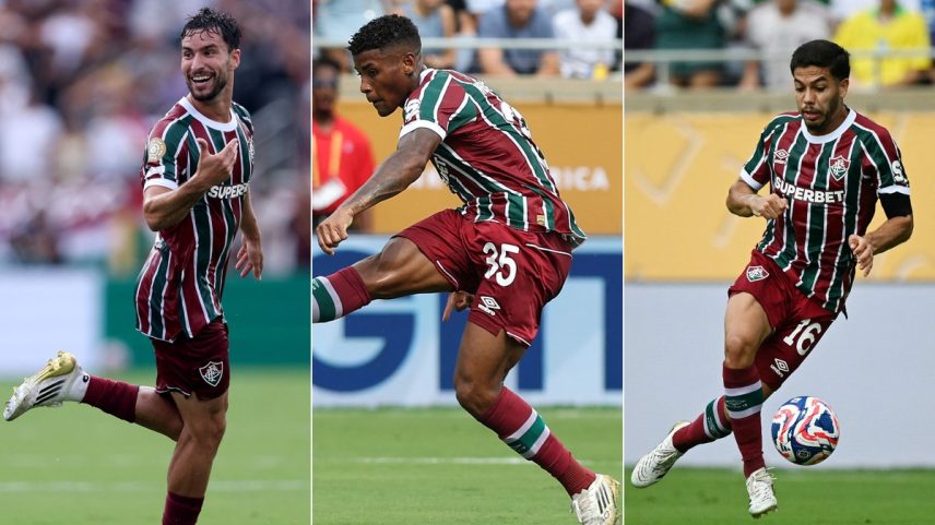 Martinelli, Hércules e Nonato marcaram quatro dos oito gols do Fluminense na Copa do Mundo de Clubes — Foto: Megan Briggs / GETTY IMAGES NORTH AMERICA / Getty Images via AFP, Buda Mendes / GETTY IMAGES NORTH AMERICA / Getty Images via AFP e CHANDAN KHANNA / AFP