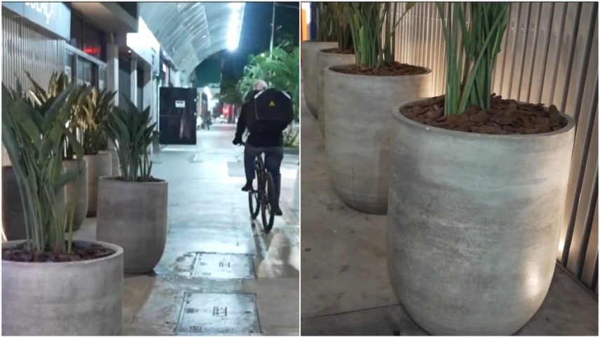 Moradores de prédio de SP usam vasos de planta no lugar de totens com câmera por acharem mais seguro (Foto: Montagem/g1)
