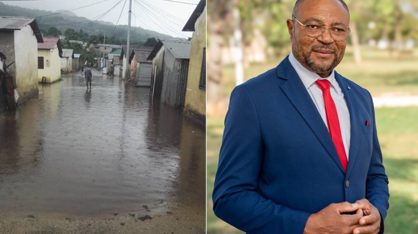 Vista de trecho inundado da cidade de Palé, em Annobón. Ao lado, Orlando Lagar, autoproclamado primeiro-ministro da ilha, que pertence à Guiné Equatorial (Foto: Acervo pessoal)