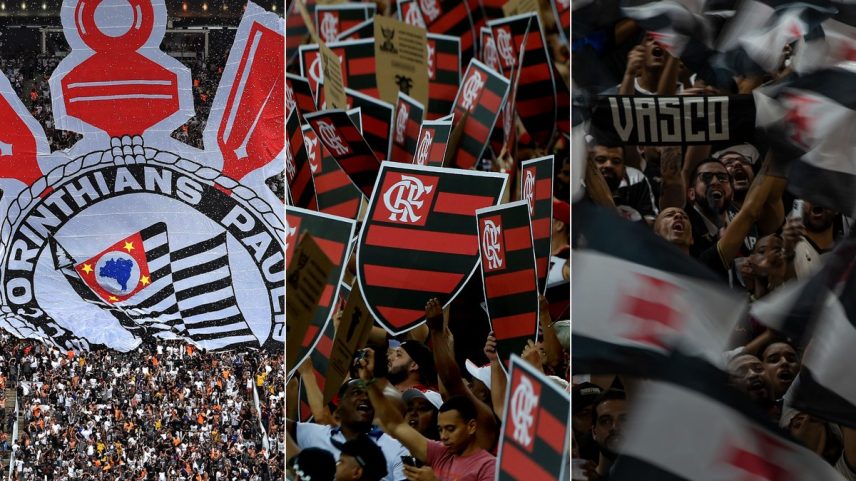 Corinthians, Flamengo e Vasco têm maior concentração de torcedores entre as menores faixas de renda — Foto: AFP PHOTO / Nelson ALMEIDA; Marcelo Theobald; Alexandre Cassiano