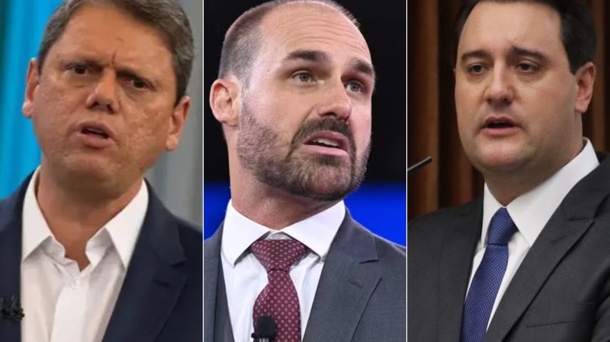 Tarcísio de Freitas, Eduardo Bolsonaro e Tarcísio de Freitas — Foto: Reprodução, AFP e Divulgação/Assembleia Legislativa do Paraná