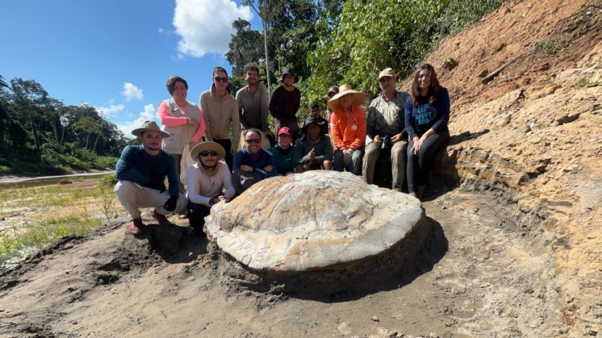 MILENAR - Equipe de cientistas com o fóssil da tartaruga gigante: mais de 10 milhões de anos (Foto: Ufac/USP/Unicamp/Divulgação)