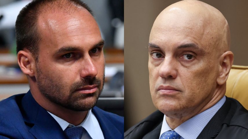 Deputado federal Eduardo Bolsonaro (PL-SP) e o ministro Alexandre de Moraes, do Supremo Tribunal Federal (Foto: Jane de Araújo/Agência Senado/Andressa Anholete/STF/Divulgação)