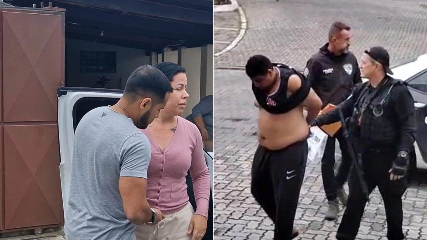 Ana Lúcia no momento em que era algemada e Gustavo, na chegada à Cidade da Polícia (Foto: Reprodução)