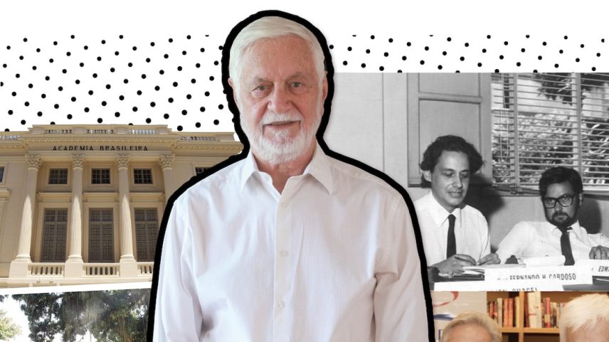 Economista Edmar Bacha, ao lado do prédio da Academia Brasileira de Letras e da Casa das Garças, à esquerda, e com Fernando Henrique Cardoso, à direita. (Foto: Colagem de Thais Barroco sobre fotos de Pedro Kirilos, Paulo Giandalia e Marcos de Paula/Estadão, Acervo Casa das Garças e Arquivo Pessoal)