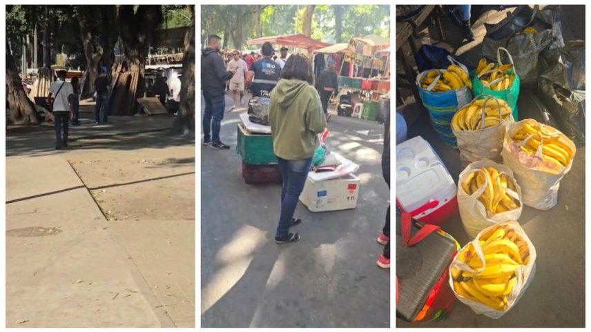 Feira da Glória com agentes da Seop e mercadoria dos feirantes (Foto: Foto do leitor)