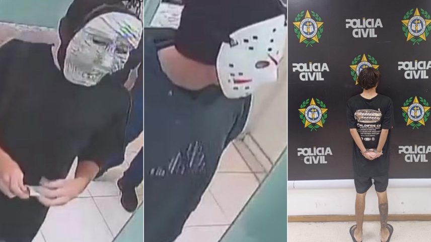 Os suspeitos no dia do crime e Gabriel na delegacia (Foto: Reprodução)