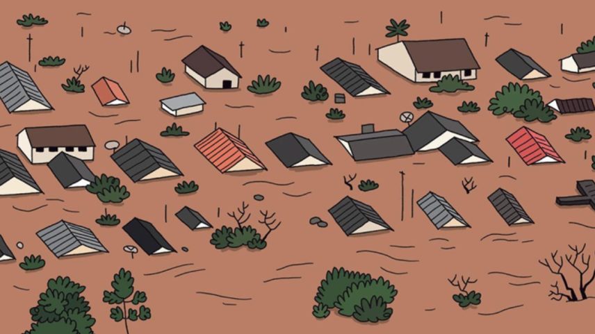 Imagem de “Água até aqui: histórias de luta, sobrevivência e recomeço na maior tragédia climática do Rio Grande do Sul”, novo trabalho do repórter e quadrinista Pablito Aguiar, que viveu na própria pele a tragédia (Foto: Divulgação)