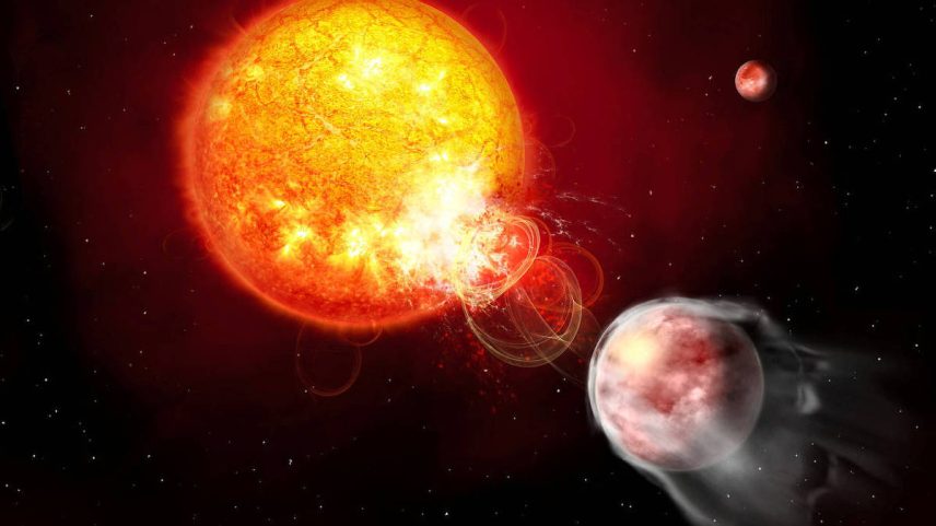 Ilustração da estrela HIP 67522 (maior, à esquerda) perto do exoplaneta HIP 67522 b (Foto: Janine Fohlmeister/Leibniz Institute for Astrophysics Potsdam/via Reuters)