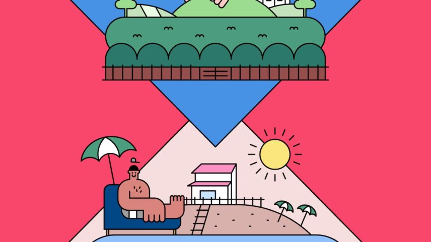 Ilustração do intercâmbio de casas nas férias da guia de verão 2025 de El Viajero. (Foto: Celeste Barta)