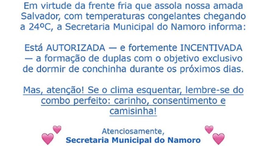 Prefeitura de Salvador autoriza “conchinha oficial” durante frente fria de 24 °C (Foto: Reprodução Instagram)