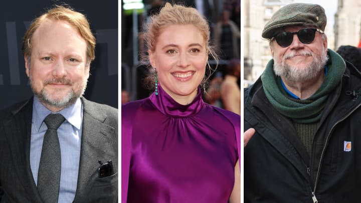 Diretores de cinema Rian Johnson (E), Greta Gerwig (C) e Guillermo Del Toro (D) (Foto: Getty Images)