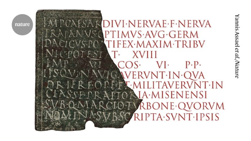 Fragmento de um diploma militar da Sardenha. O modelo de IA Aeneas pode prever o texto perdido de uma inscrição danificada (texto cinza) sem precisar saber o comprimento da seção que está faltando. (Foto: Yannis Assael et al./Nature)