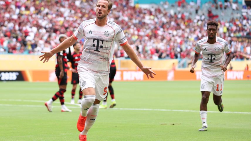 Harry Kane, do Bayern de Munique, comemorando gol contra o Flamengo, nas oitavas de final (Foto: Megan Briggs/Getty Images)