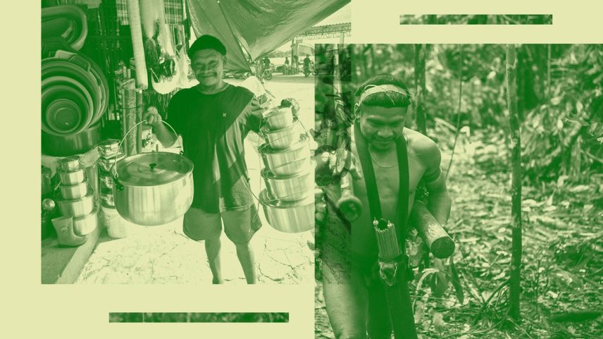 O guerreiro korubo Xuxu em dois momentos: na floresta com sua borduna e zarabatana e na cidade após a compra de panelas (Foto: Paulo Mumia-Funai/Daniel Biasetto)