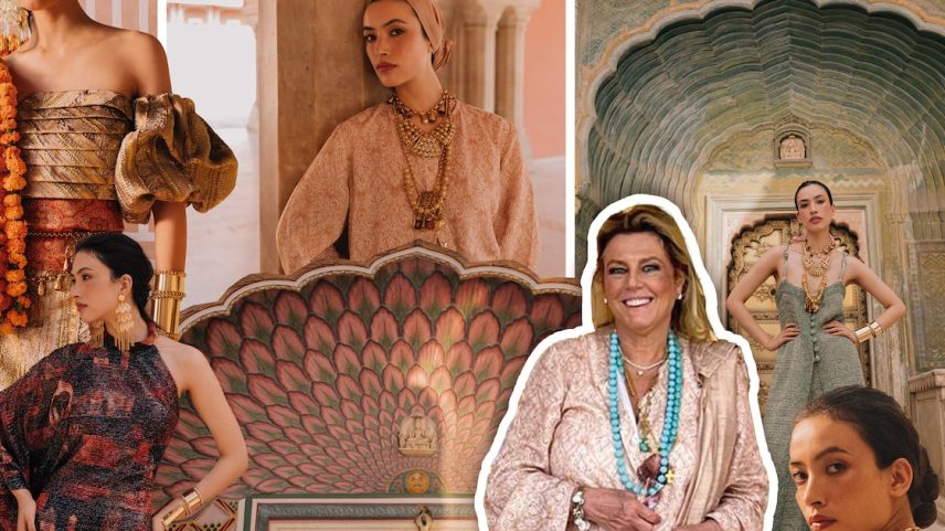Riccy Souza Aranha, no centro, vestida em conjunto de linho estampado, inspirada nas pinturas do City Palace, entre modelos da sua coleção de verão Mixed. (Foto: Colagem de Thais Barrocos sobre fotos de Hunar Daga e Ciccy Halpern)