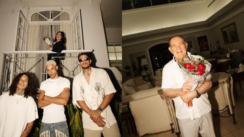 Lívian e Renato Aragão ganham rosas de Felipe Amorim, Vitão e Bin (Foto: Divulgação)