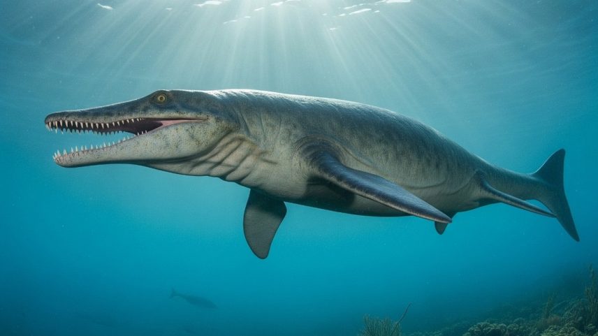 Exemplar de mosassauro, répteis marinhos pré-históricos que eram os grandes predadores dos oceanos no período Cretáceo (Foto: Reprodução)