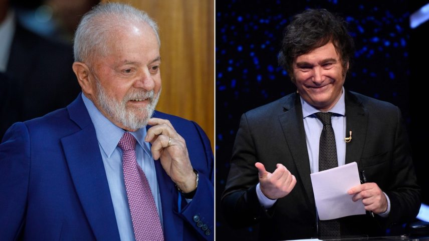 O presidente Luiz Inácio Lula da Silva e o candidato à presidência da Argentina, Javier Milei (à direita) — Foto: Brenno Carvalho/O Globo e Luis Robayo/AFP