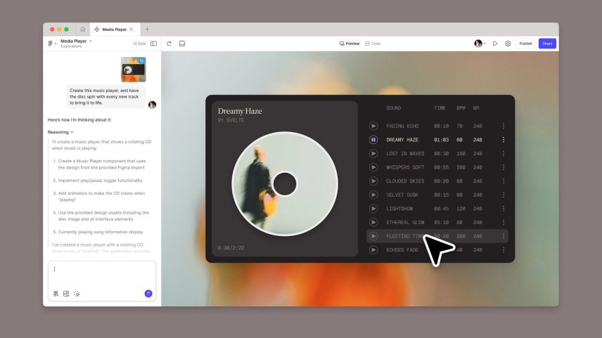 Figma Make being used to create a web music player.