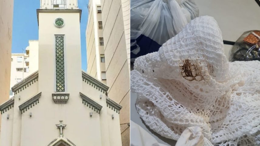Igreja é invadida e depredada em Copacabana; criminosos defecaram no local e usaram toalhas da mesa eucarística — Foto: Reprodução/Redes sociais