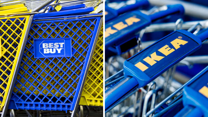 O logo da Best Buy e Ikea em carrinhos de compras. (Foto: Getty Images)